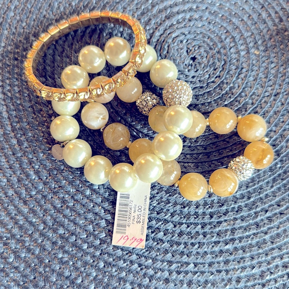 Elegant Gold and Cream Beaded Bracelet Set
